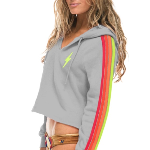 Aviator Nation Bolt Crop Hoodie in Light Grey/Neon Size Small Gently Used - Picture 3 of 9